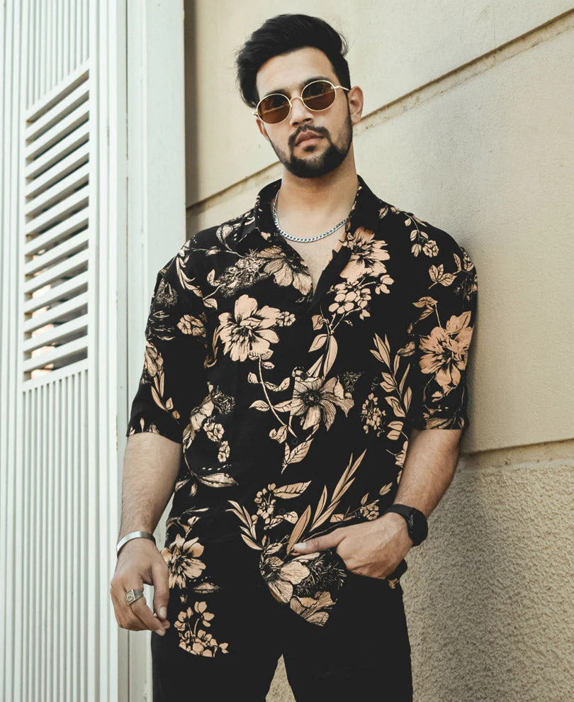 Black Colored Floral Printed Rayon Shirt