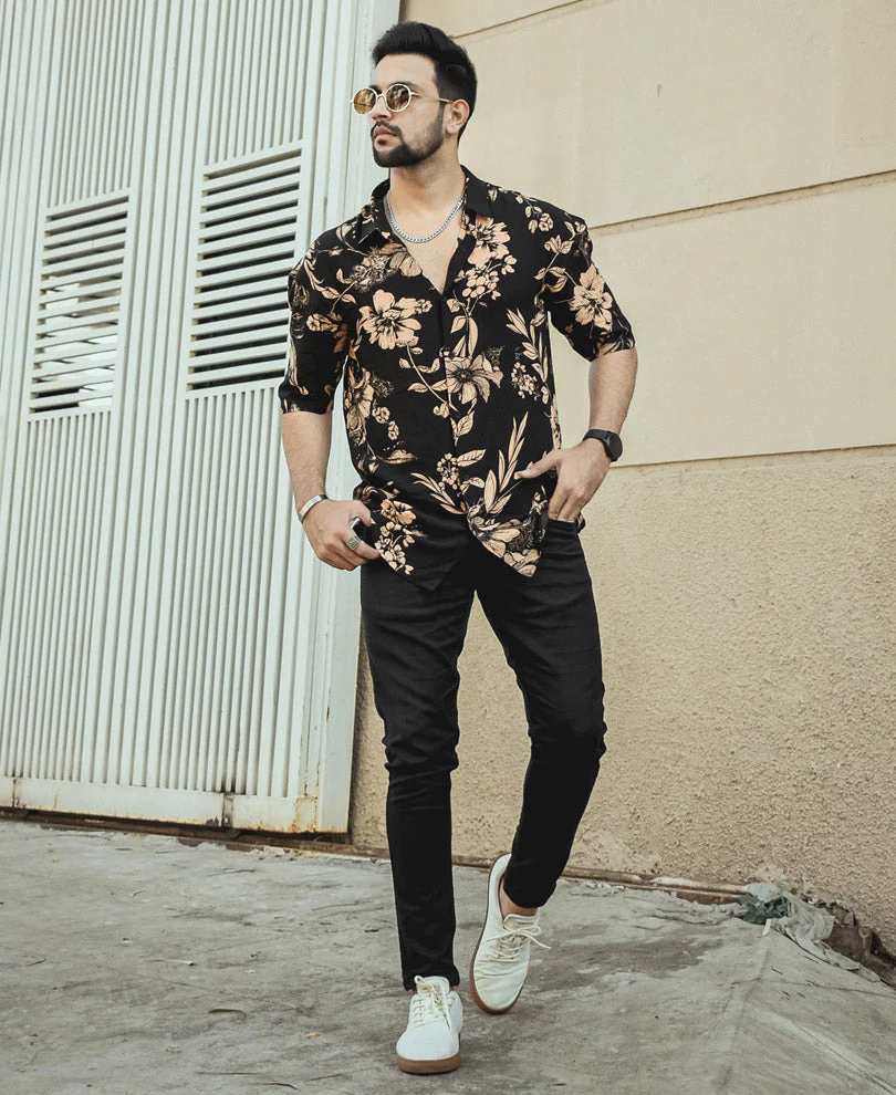 Black Colored Floral Printed Rayon Shirt