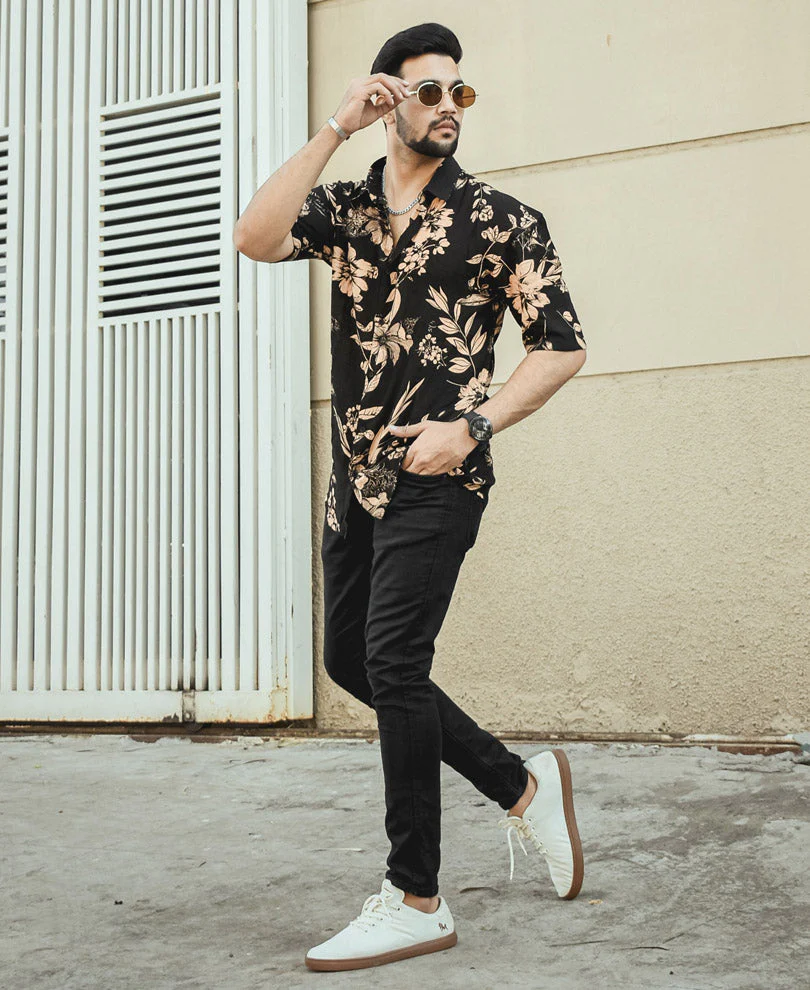 Black Colored Floral Printed Rayon Shirt