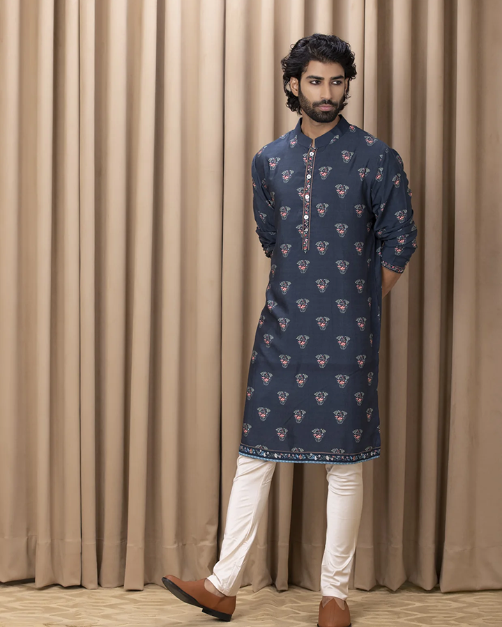 Blue Color Cotton Floral Print Kurta