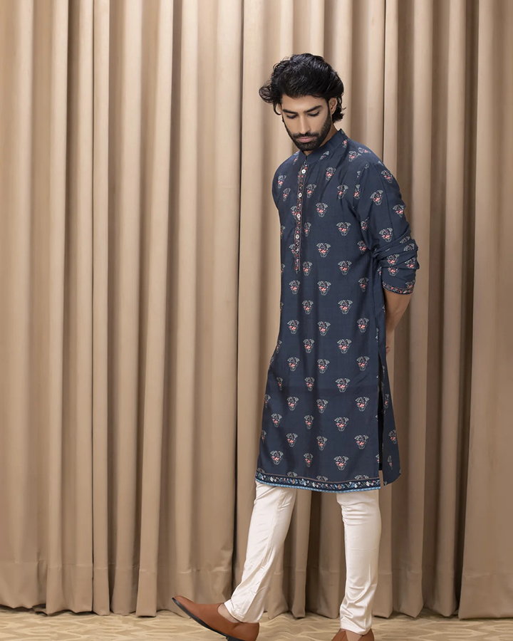 Blue Color Cotton Floral Print Kurta