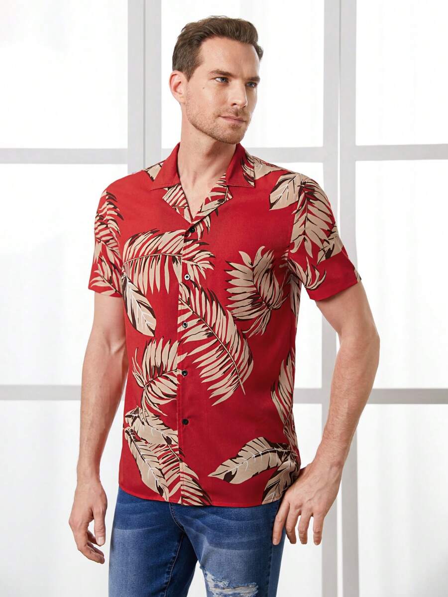 Red Colored Linen Tropical Printed Shirt