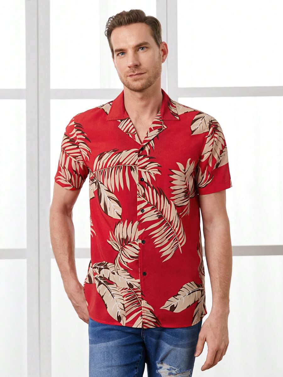 Red Colored Linen Tropical Printed Shirt