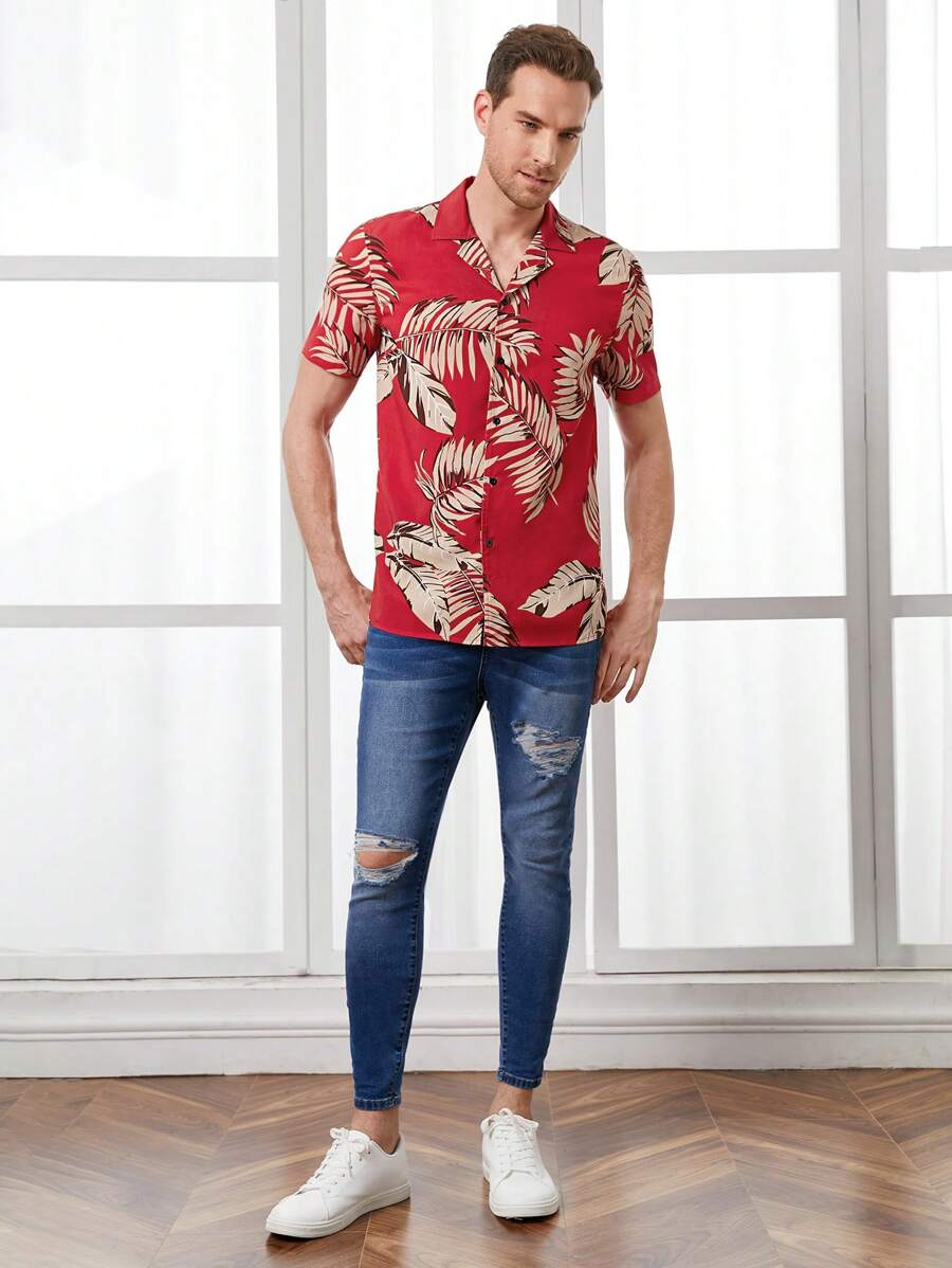 Red Colored Linen Tropical Printed Shirt