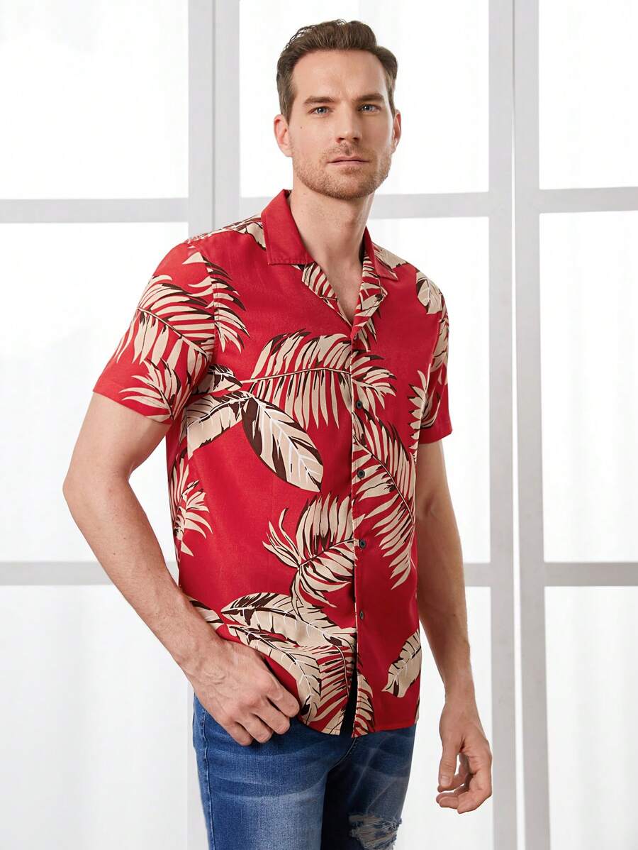 Red Colored Linen Tropical Printed Shirt