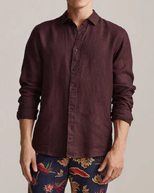 Maroon Colored Linen Shirt with Spread Collar