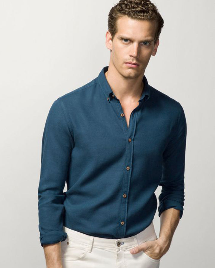 Retro Style Navy Blue Colored Cotton Shirt