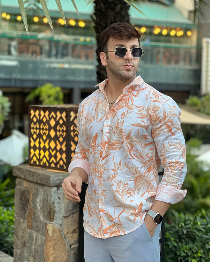 Orange Colored Floral Linen Shirt