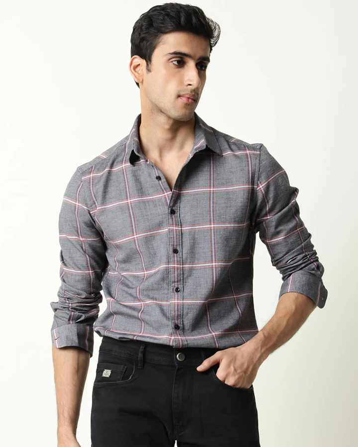 Grey Color Linen Checks Full Sleeves Shirt