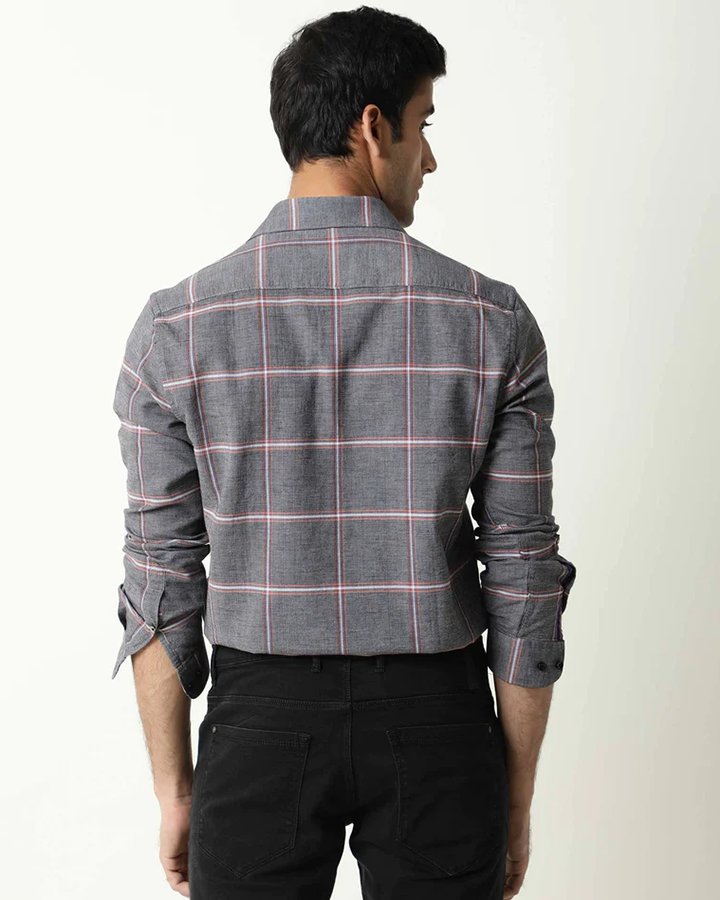 Grey Color Linen Checks Full Sleeves Shirt