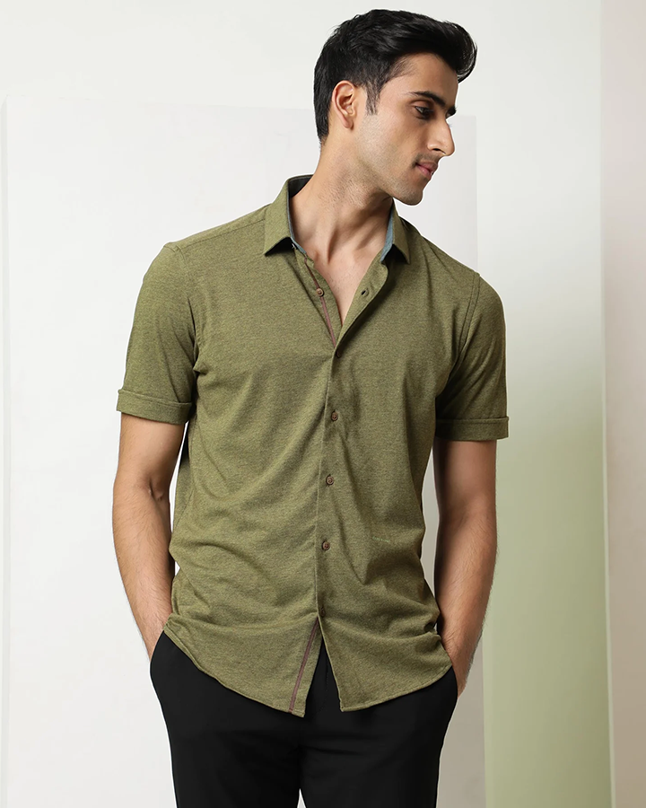 Olive Green Colored Half Sleeve Solid Shirt