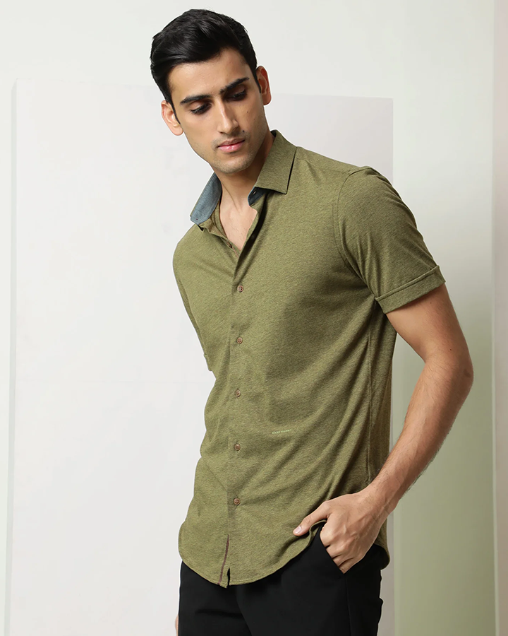 Olive Green Colored Half Sleeve Solid Shirt