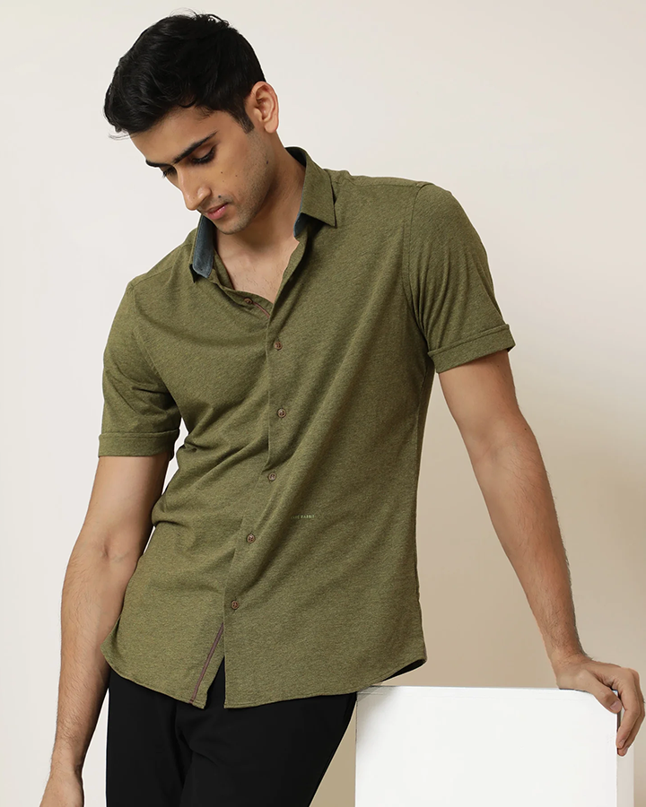 Olive Green Colored Half Sleeve Solid Shirt