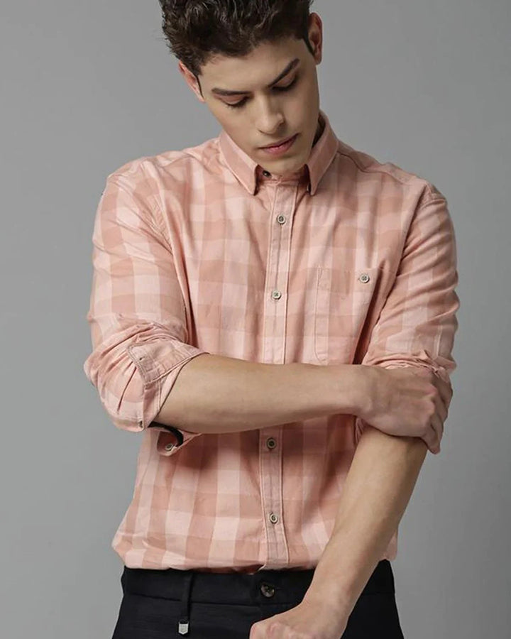 Coral Pink Checkered Printed Full Sleeve Shirt