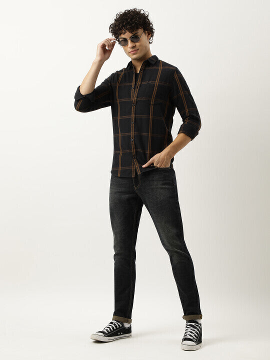 Men's Black Colored Cotton Checks Shirt