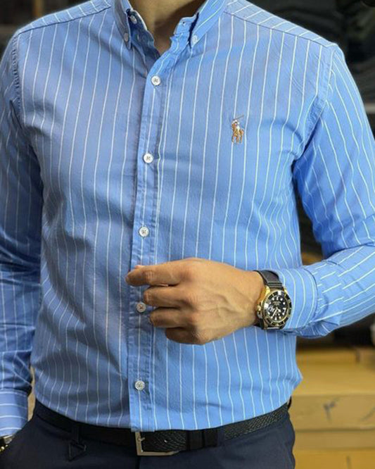 Formal Blue Colored Cotton Stripe Shirt